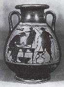 unknow artist vasmalning som visar en grekisk skomakarverkstad painting